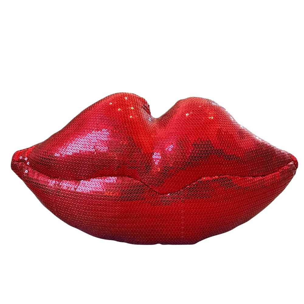 Cynthia Rowley Red Sequin Lips Shaped Pillow Valentines Day Love Kiss NEW